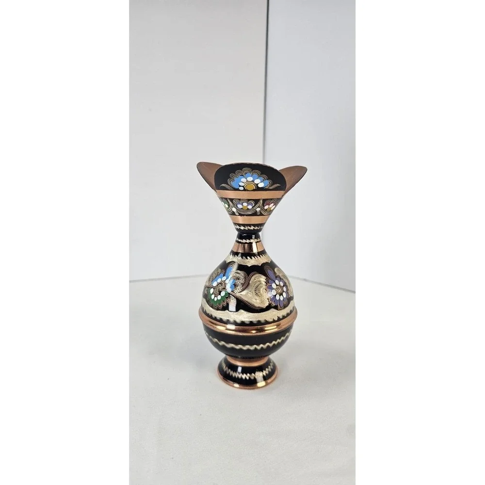 Persian‎ Minakari Copper Vase Hand-Painted Floral Enamel Black 6.5in